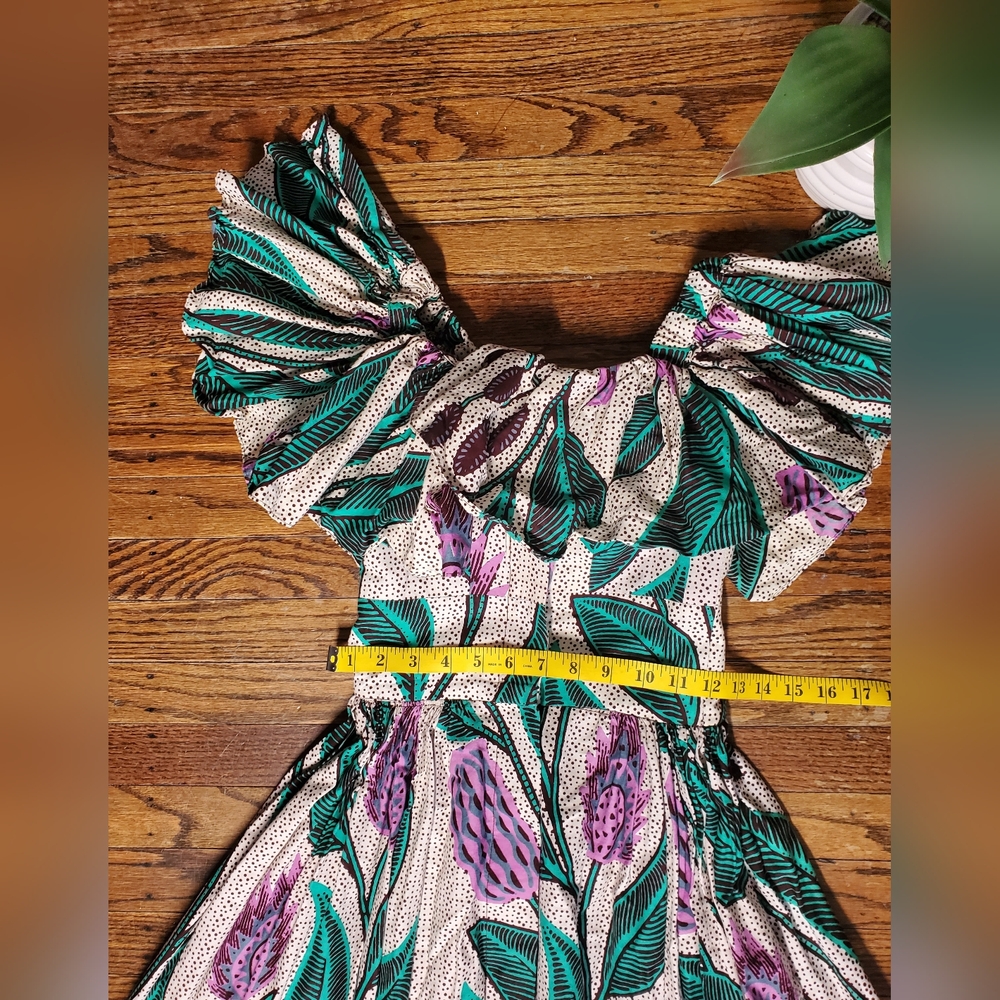 Sika Anthropologie Off-the-Shoulder Printed Maxi Dress Gree, Purple & White Sz 2 - Picture 12 of 16